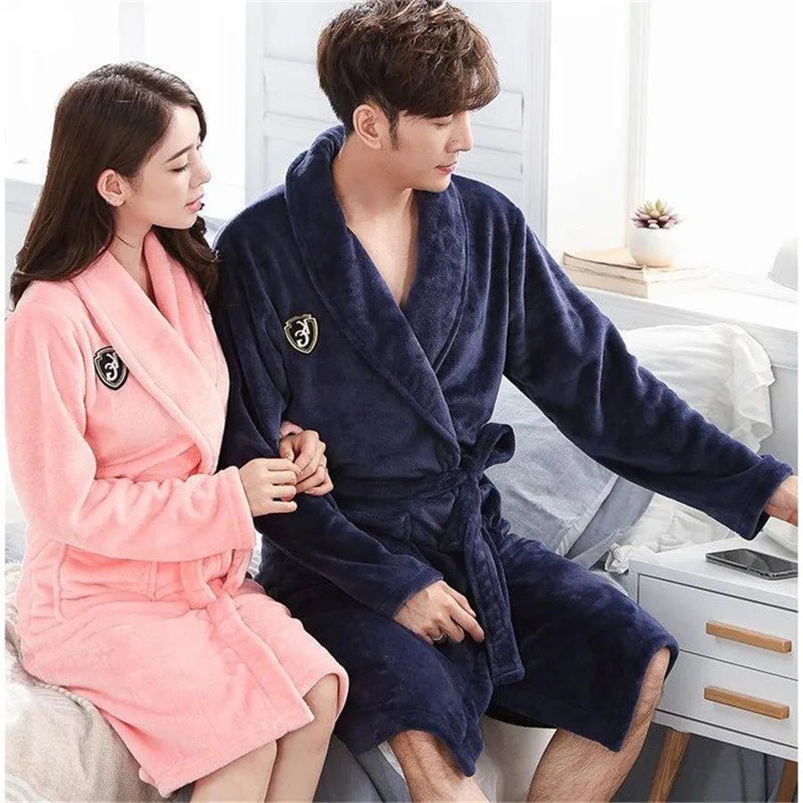 Winter Flannel Lovers Robe Gown Elegant Solid Casual Sleepwear Nightgown Keep Warm Men And Women Bathrobe Gown Homwear Pajamas