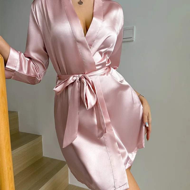 Womens V-Neck Sexy Silk Robe With Belt Short Satin Kimono Robe Sleepwear Bathrobe Bridesmaid Party Dressing Gown