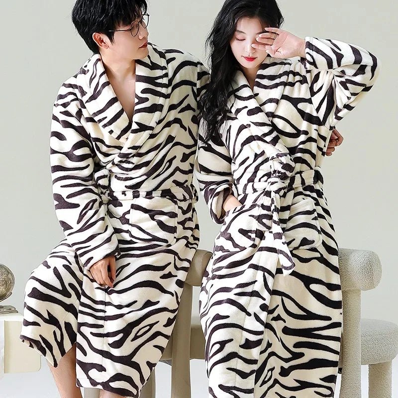 Zebra Print Winter Warm Long Coral Velvet Thick Couple Bathrobes Men Women Pajamas Shower Robe Bath Towels for Adults Homewear